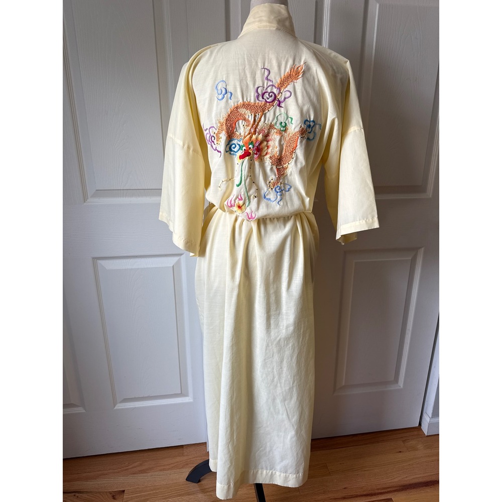Vintage Pearls Kimono Robe Women's Cotton Blend Butter Yellow Dragon Embroidered